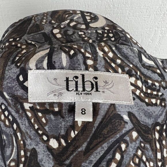 Tibi New York Dress 8 Womens Gray Print Silk 3/4 Sleeves Mini Lined Ruffle Hem - Picture 5 of 9